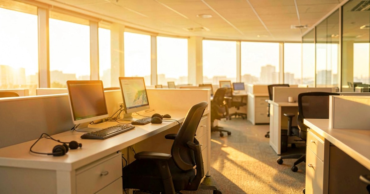 A bright call centre floor with rows of empty desks, warm sunlight streaming through large windows, a single illuminated computer screen glowing on an abandoned workstation.