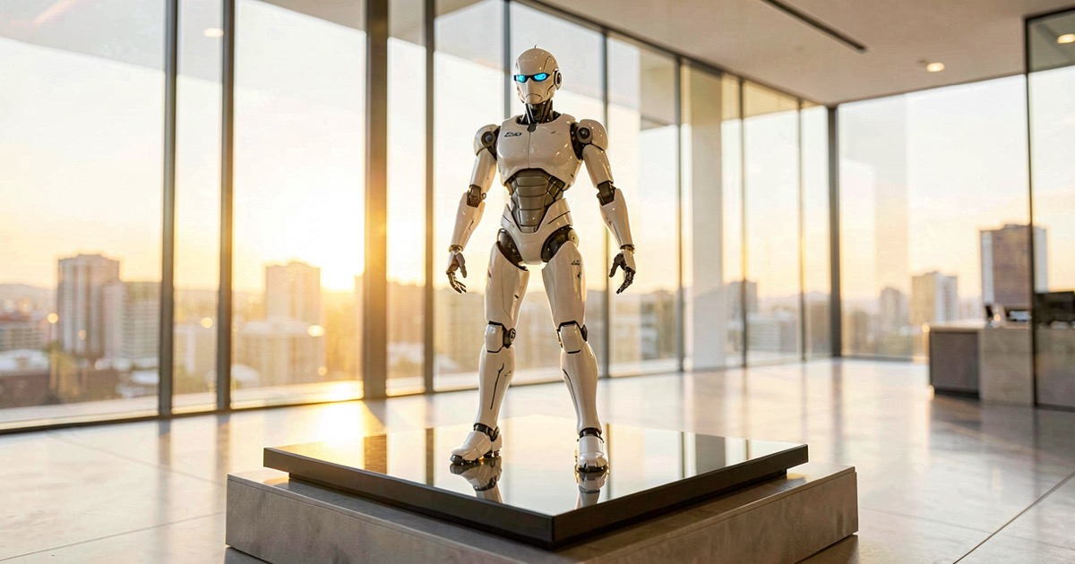 A sleek humanoid robot prototype on display in a modern showroom with bright lighting, suggesting an automotive company's product reveal.