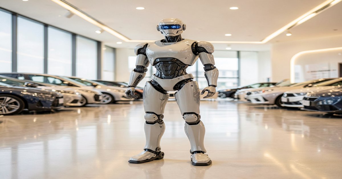 BYD humanoid robot prototype in a modern showroom