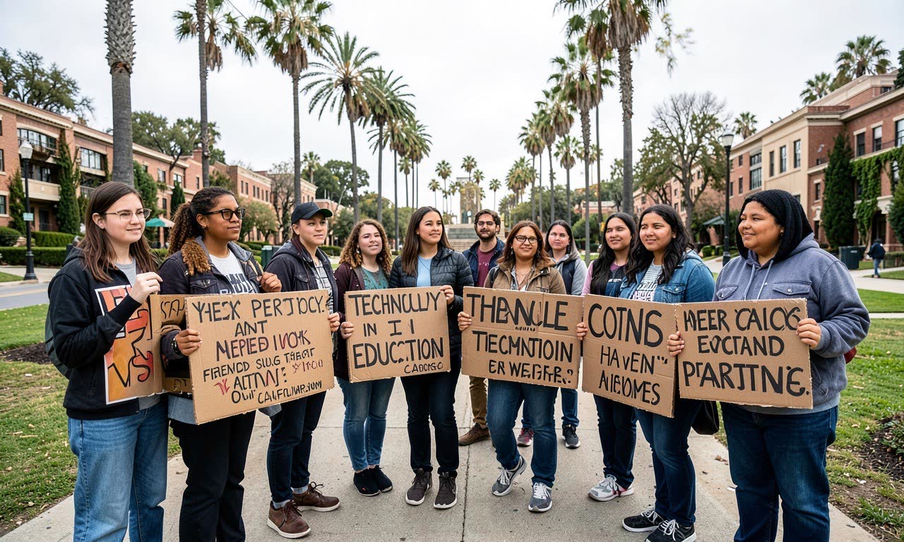 University campus with students holding protest signs about AI, California sunshine, documentary style