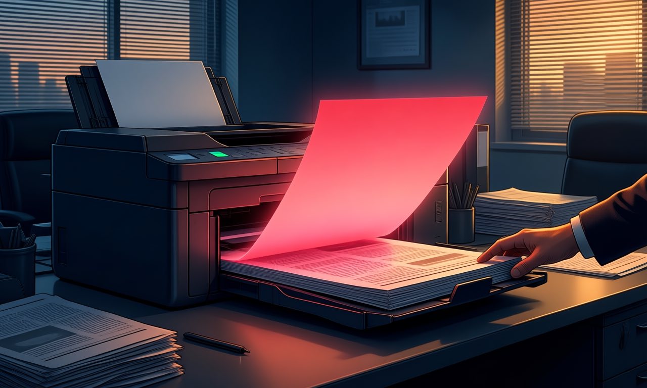 An empty office desk under fluorescent light with a glowing pink termination slip printing from a tray, human hand resting on the tray, warm dark palette, no text