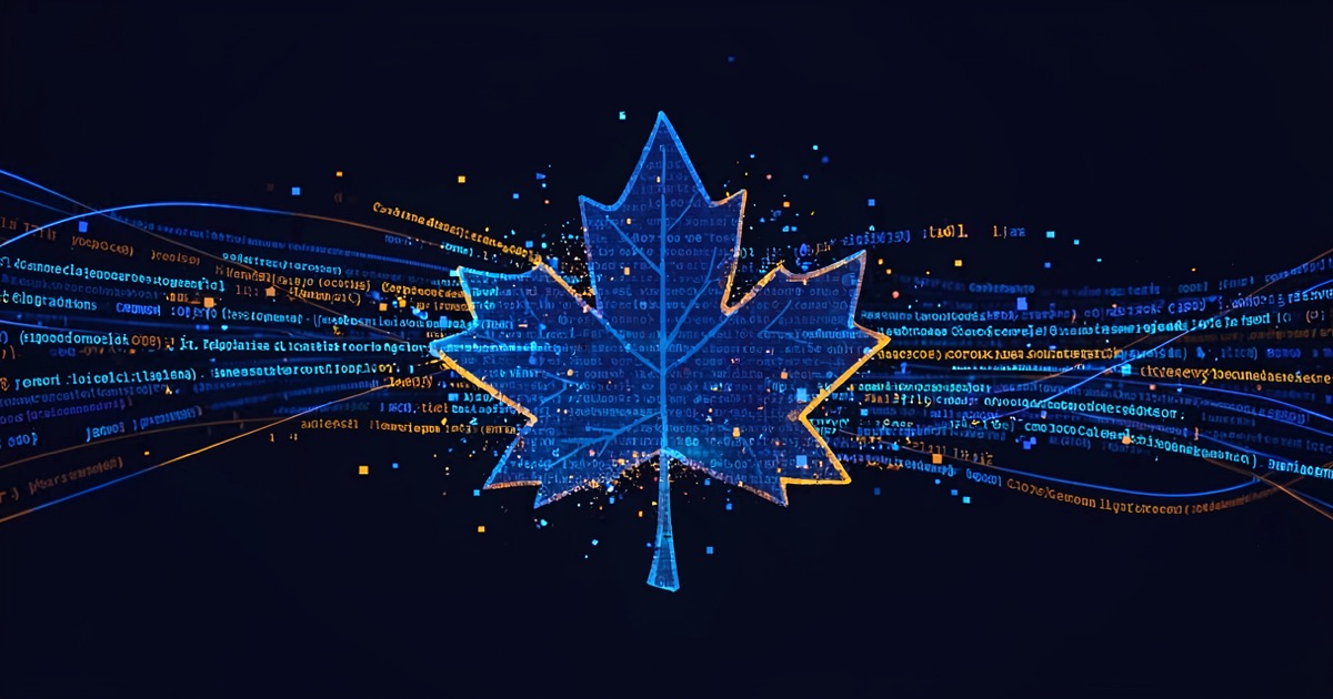 A Canadian maple leaf emblem dissolving into data streams against a dark navy background, symbolising the tension between sovereign AI aspirations and foreign contractor dependence