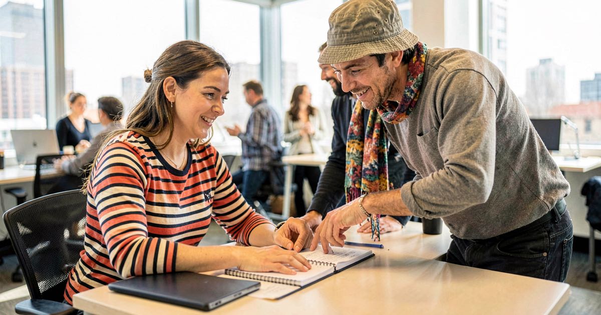 A woman in a striped jersey writes in a notebook at a shared desk in an open-plan office while a colleague in a bucket hat points at the page, natural window light