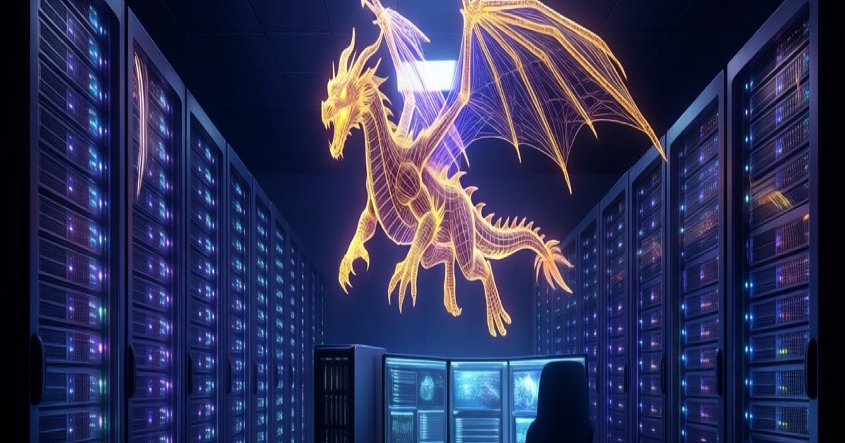 A dark game development studio at night with rows of glowing server racks and a blue holographic wireframe of a dragon-like creature hovering above a workstation