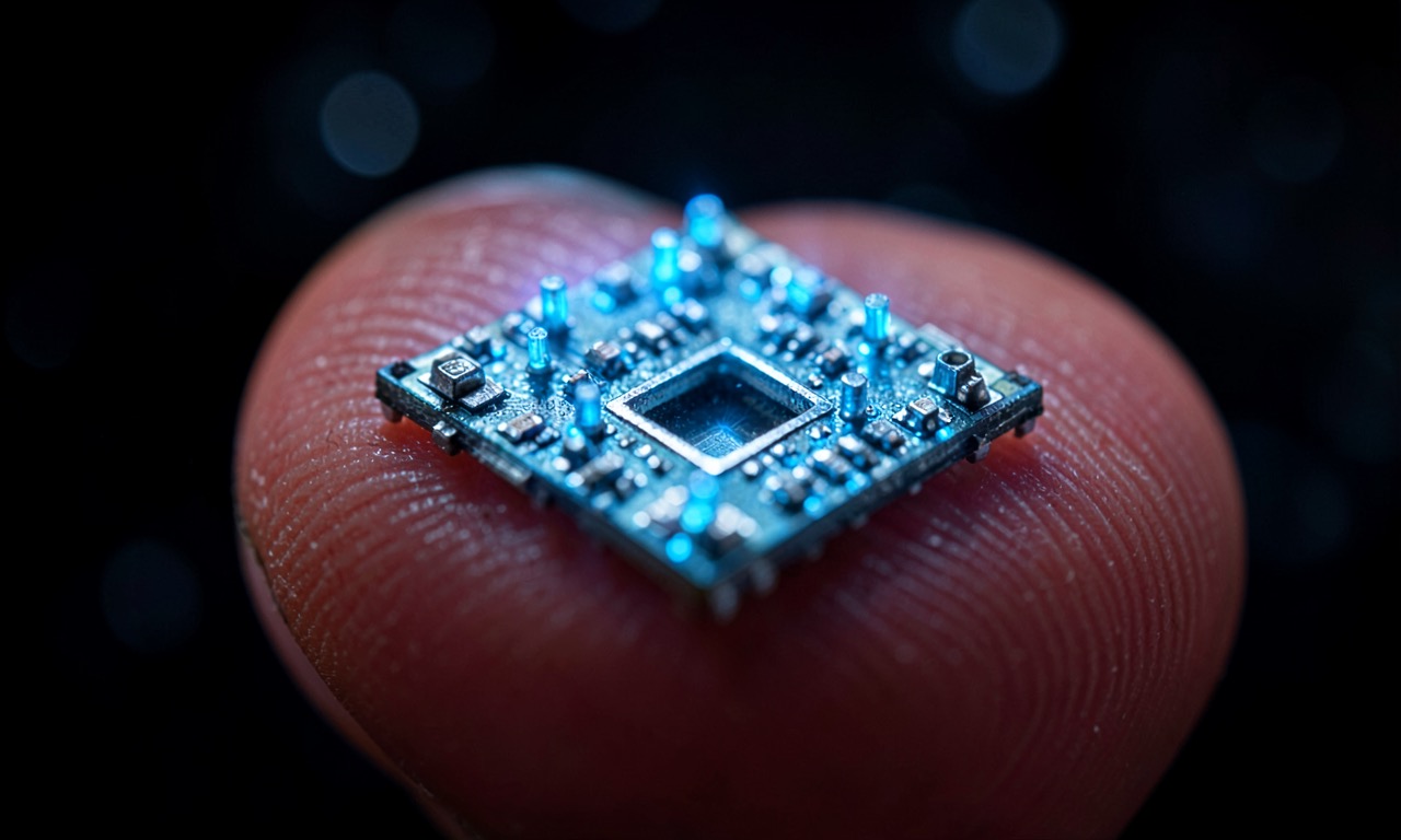 Macro close-up of a semiconductor chip on a fingertip, showing micro-scale metallic structures where quantum vacuum energy is harvested