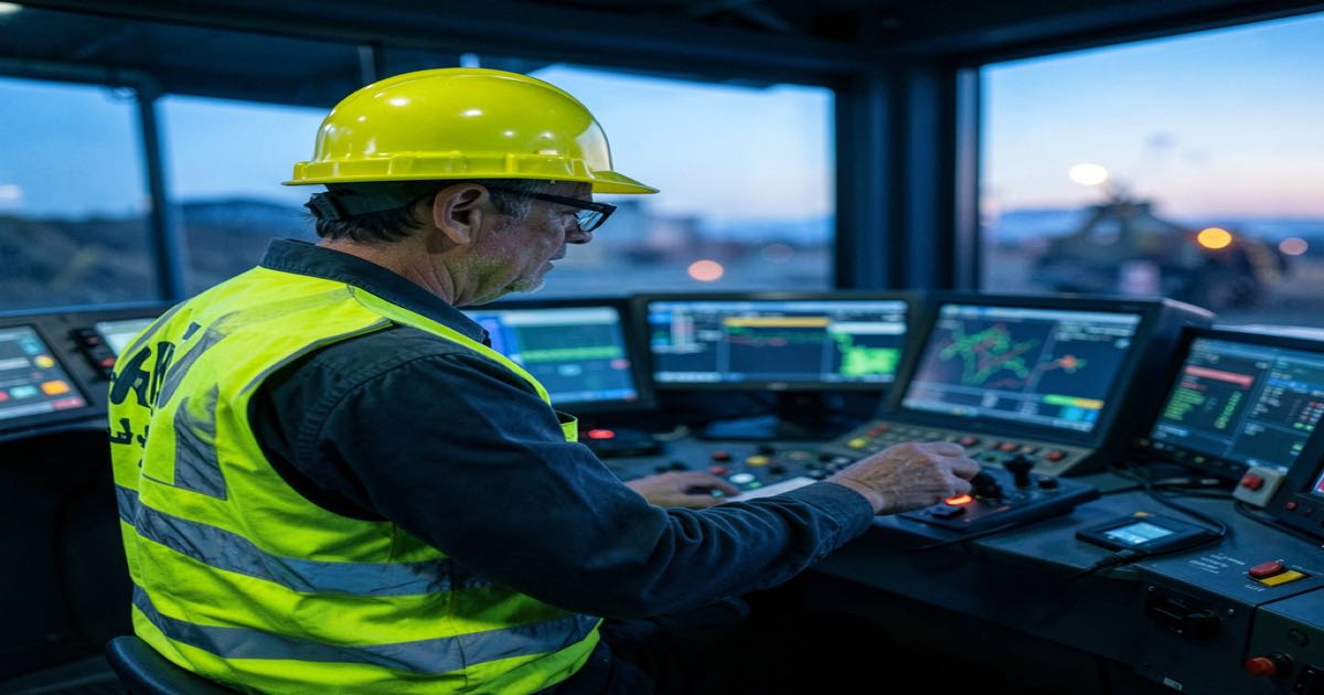A haul truck operator in a high-vis vest and bucket hat reviewing autonomy dashboards in a mine site control room at dawn