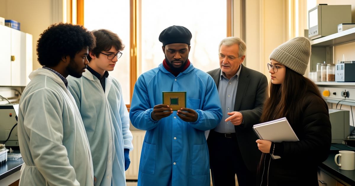 Young graduates in cleanroom coats watching a technician hold up a silicon wafer in a bright university semiconductor teaching lab, one wearing a wool beanie, natural morning light, documentary style