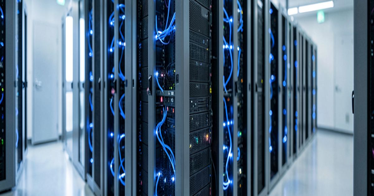 A row of server racks in a data centre corridor, each with glowing blue cooling connections, shot in documentary style with shallow depth of field.