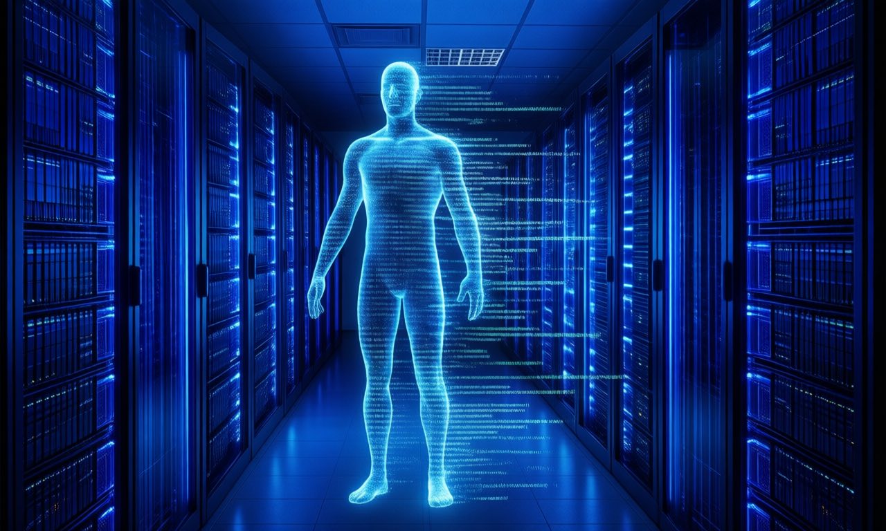 A dark corporate server room with glowing blue racks and a translucent humanoid figure dissolving into streams of code snaking between them.
