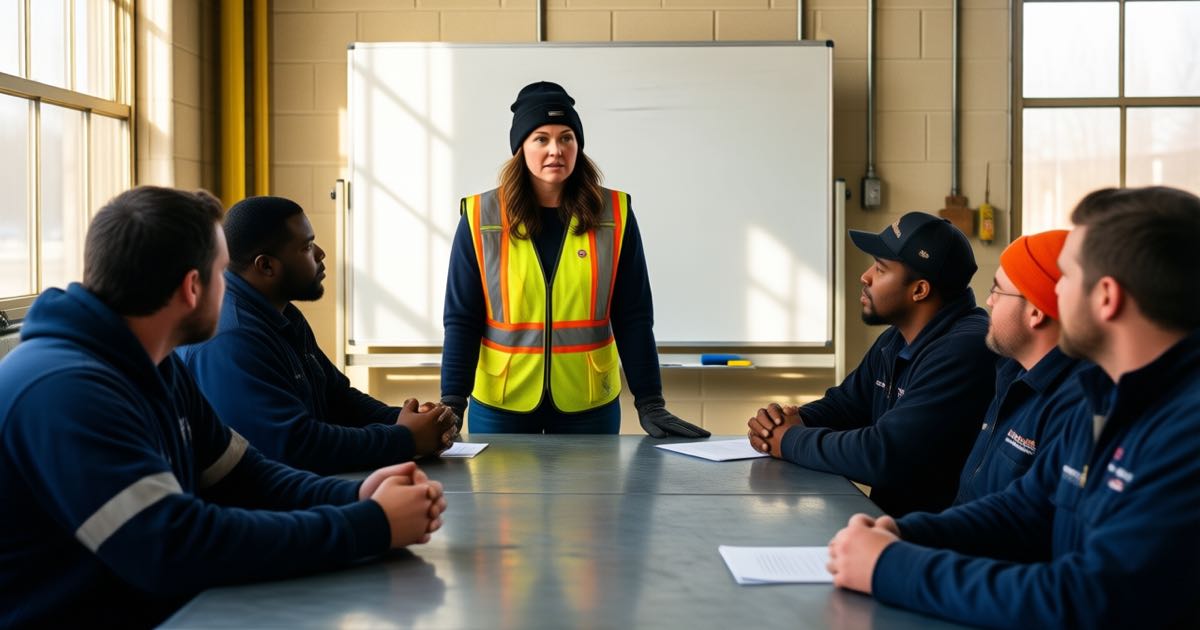 A woman in a beanie leads a hiring briefing in a bright American manufacturing facility, safety glasses on the table, hiring plan charts pinned to a whiteboard, natural window light, documentary style