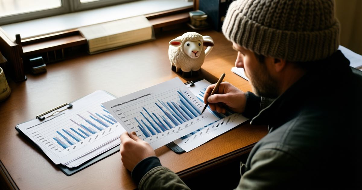 A labour-market analyst in a warm study checking printed bar charts of monthly hiring and layoff figures, wearing a chunky knit beanie, a sheep-shaped mug on the desk, natural window light, documentary editorial photography