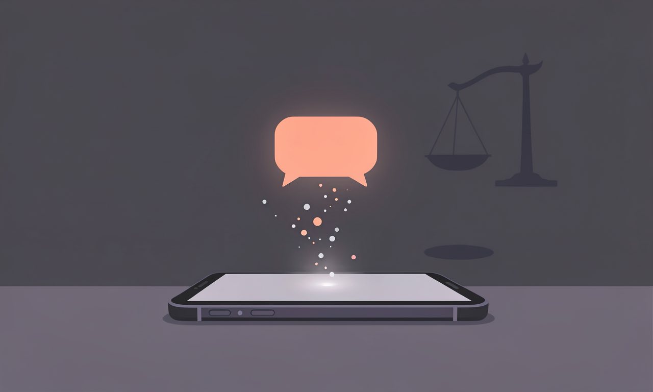 Minimalist editorial illustration of a smartphone with a coral chat bubble dissolving into drifting fragments above its screen and a faint balance scale in the background