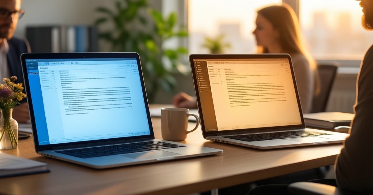 Two office desks side by side in warm afternoon light, each with a laptop showing an email draft, one screen glowing cool blue and one warm amber, documentary editorial photograph, no text