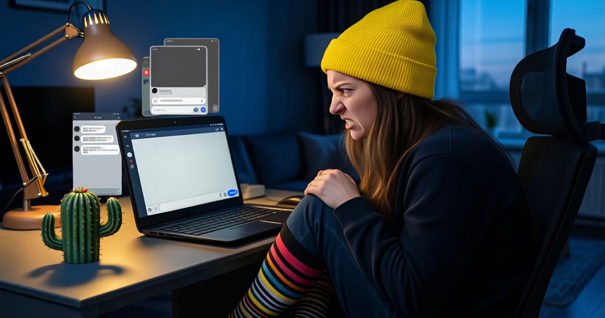 A woman at a dusk-lit home desk staring at a laptop with greyed-out chatbot windows, wearing a yellow beanie