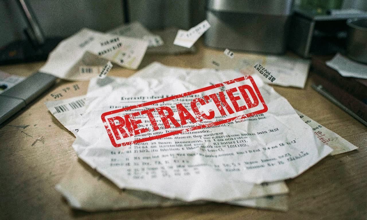 A crumpled academic paper with a red retraction stamp, surrounded by scattered citation numbers, documentary style