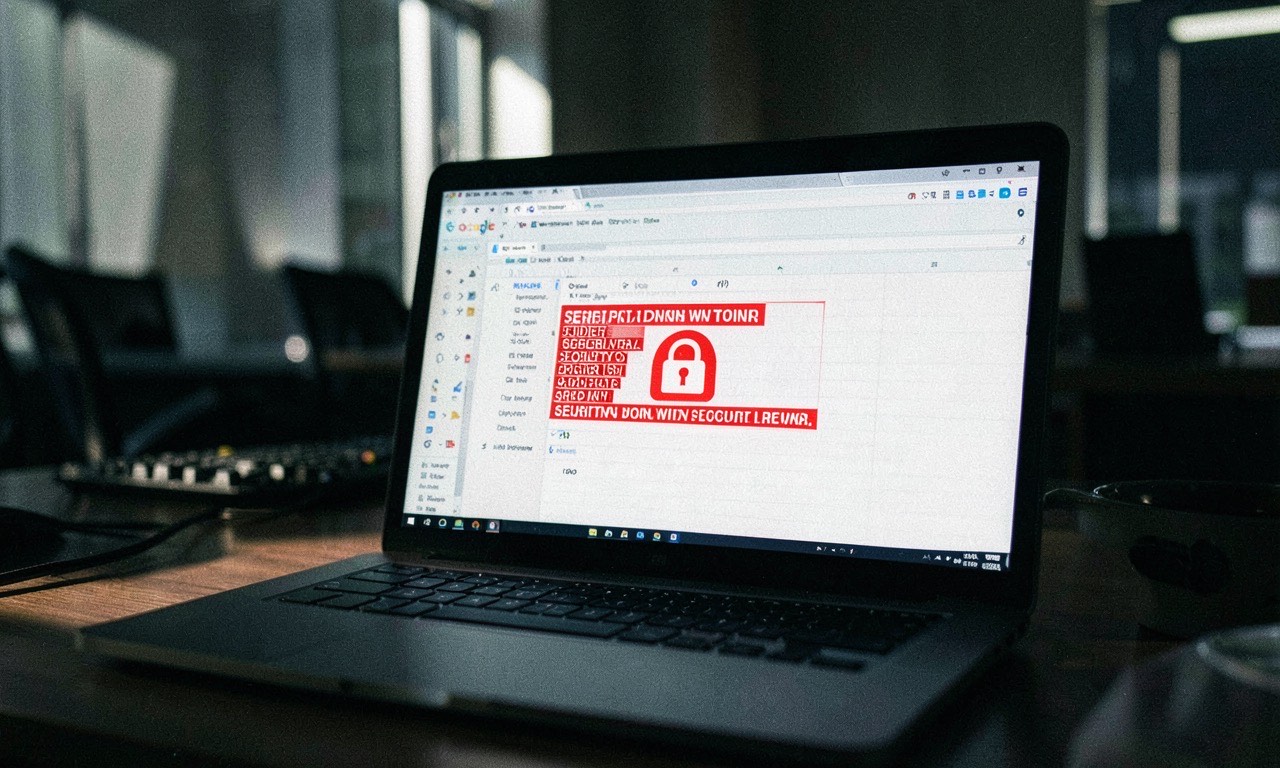 A laptop screen showing a Google Sheets interface with red security alert overlay, dark office environment, photojournalistic
