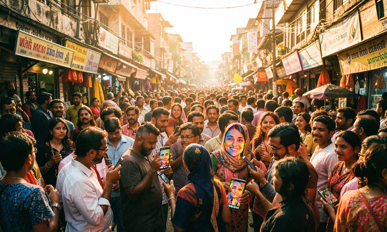 A crowded Indian street scene with smartphones showing AI-generated portraits, vibrant colors, warm golden hour lighting, documentary style photography