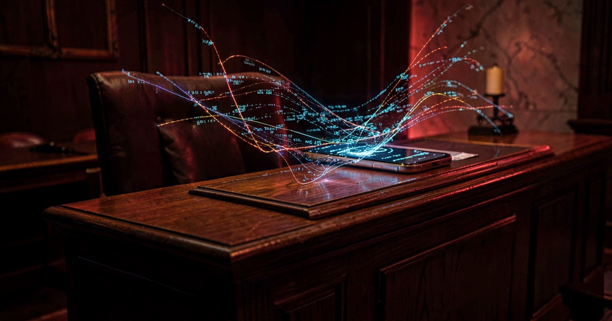 Abstract courtroom scene with digital data streams flowing from a smartphone into a wooden judge bench in dark moody lighting
