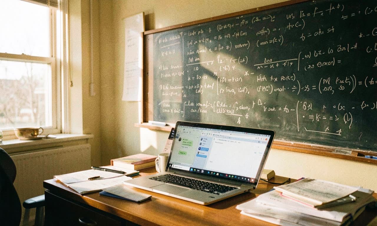 A chalkboard covered in mathematical equations with a laptop screen glowing beside it, warm ambient lighting, documentary style