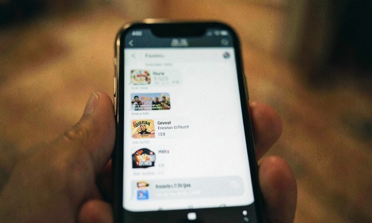 A chat interface on a phone screen with small branded ad cards visible, warm ambient lighting, close-up