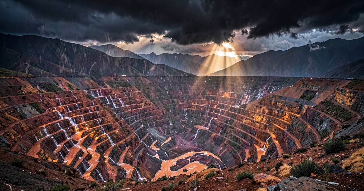 A copper mine in the Chilean Andes under dark storm clouds, with water cascading through terraced excavation levels