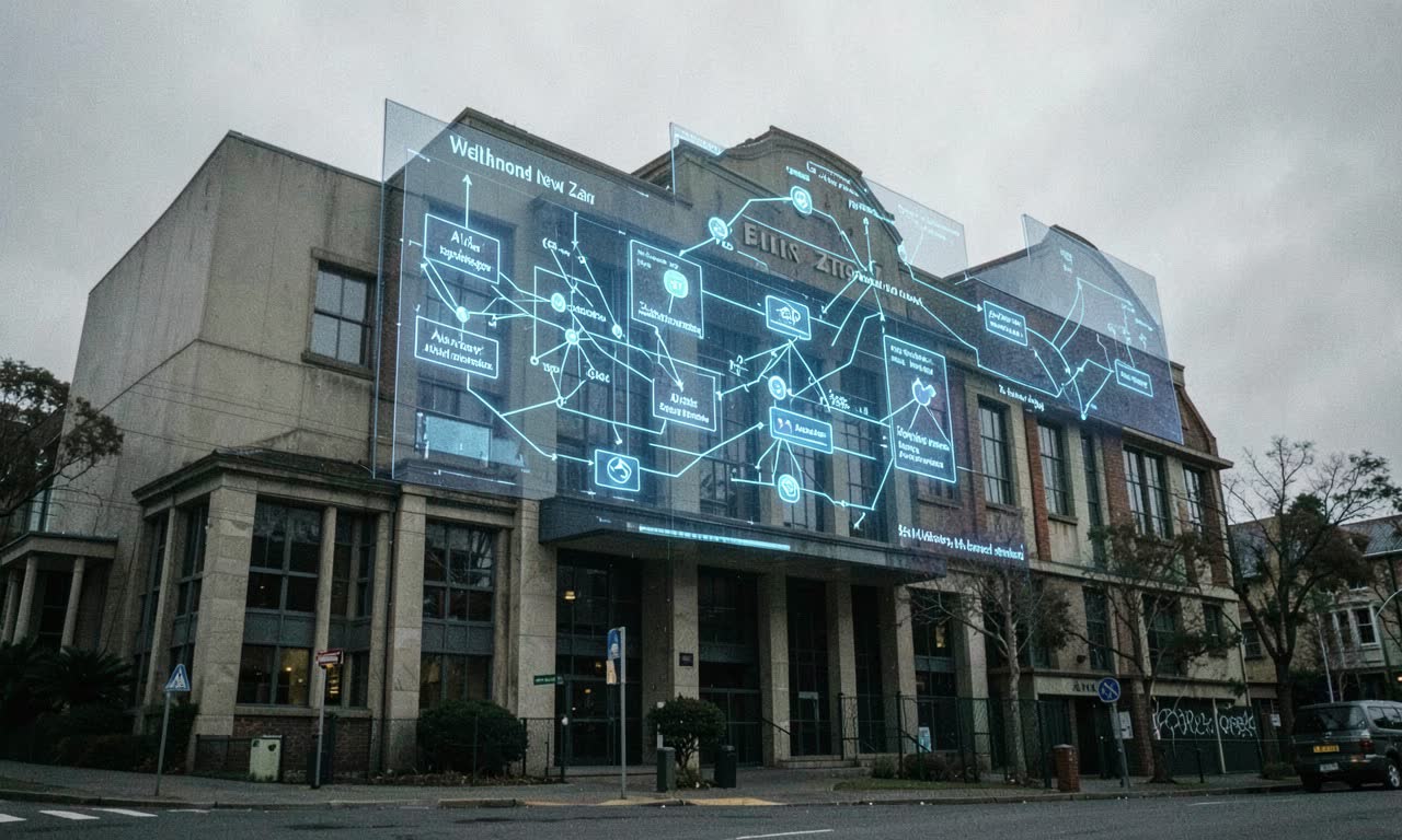 A government building in Wellington New Zealand with a large glowing digital interface showing AI agent decision trees and human approval checkpoints, overcast day, documentary photojournalistic style, muted colors, wide angle, 35mm photography
