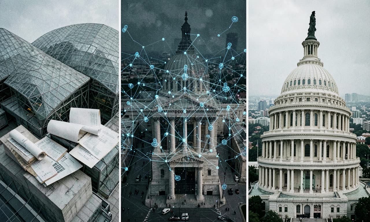 Three government buildings representing EU, China, and US regulatory approaches to AI agents, dramatic overhead composition, photojournalistic style