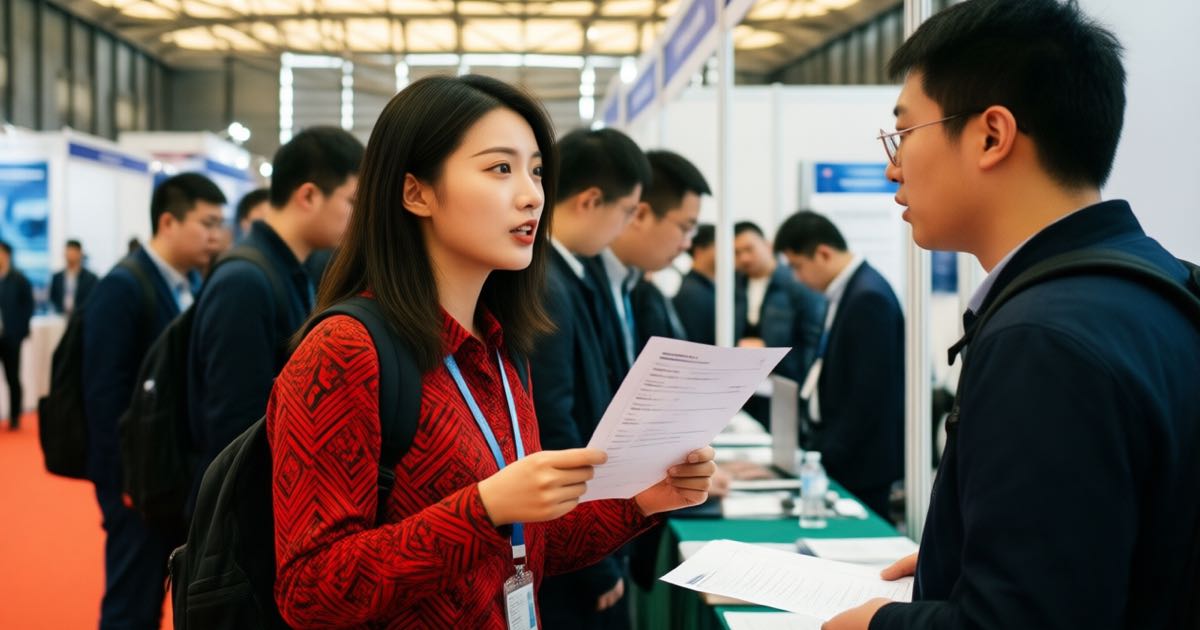 A young woman holding a paper resume talks with a recruiter at a busy technology hiring fair in a bright convention hall, warm natural light, documentary photography style