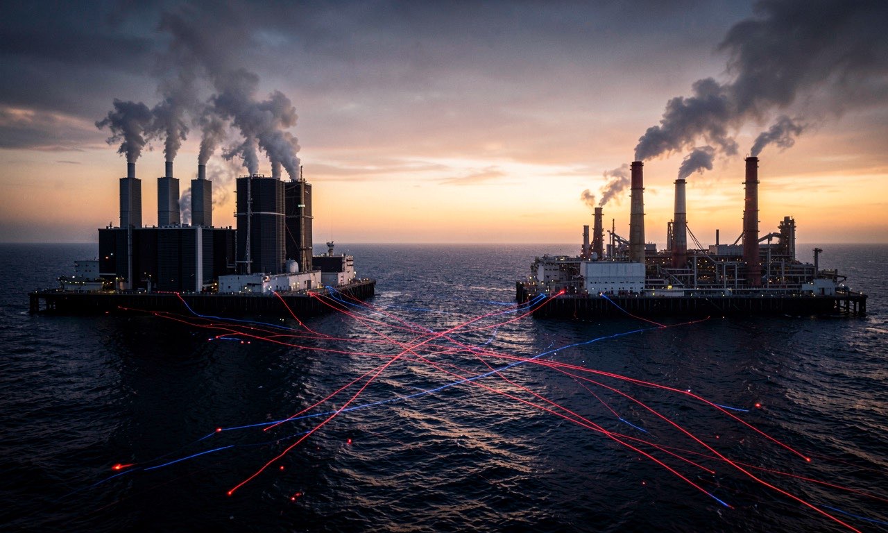 Two large industrial complexes facing each other across an ocean, one with data center cooling towers, the other with factory smokestacks, connected by a network of glowing lines, dawn light, no text no logos no letters no signs