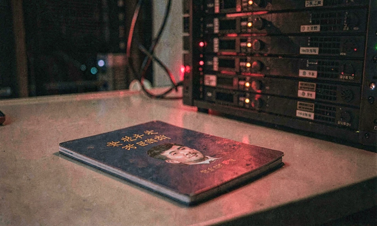 A Chinese passport lying on a desk beside a server rack, dim lighting with red accent, documentary style, photojournalistic