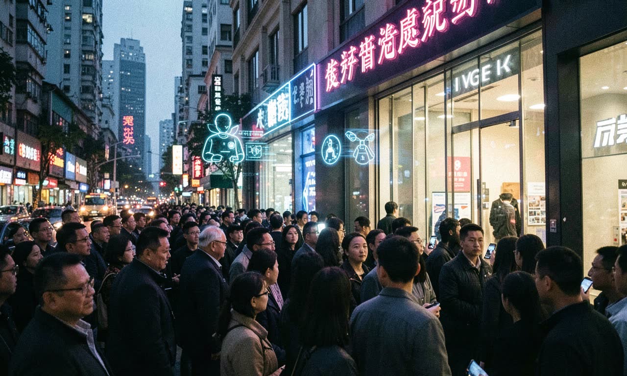 Crowded Chinese tech district with people lining up outside an AI company office, neon signs and smartphone screens glowing, photojournalistic style