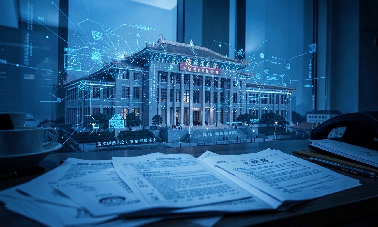 Chinese government building with AI digital overlay and regulatory documents, documentary style
