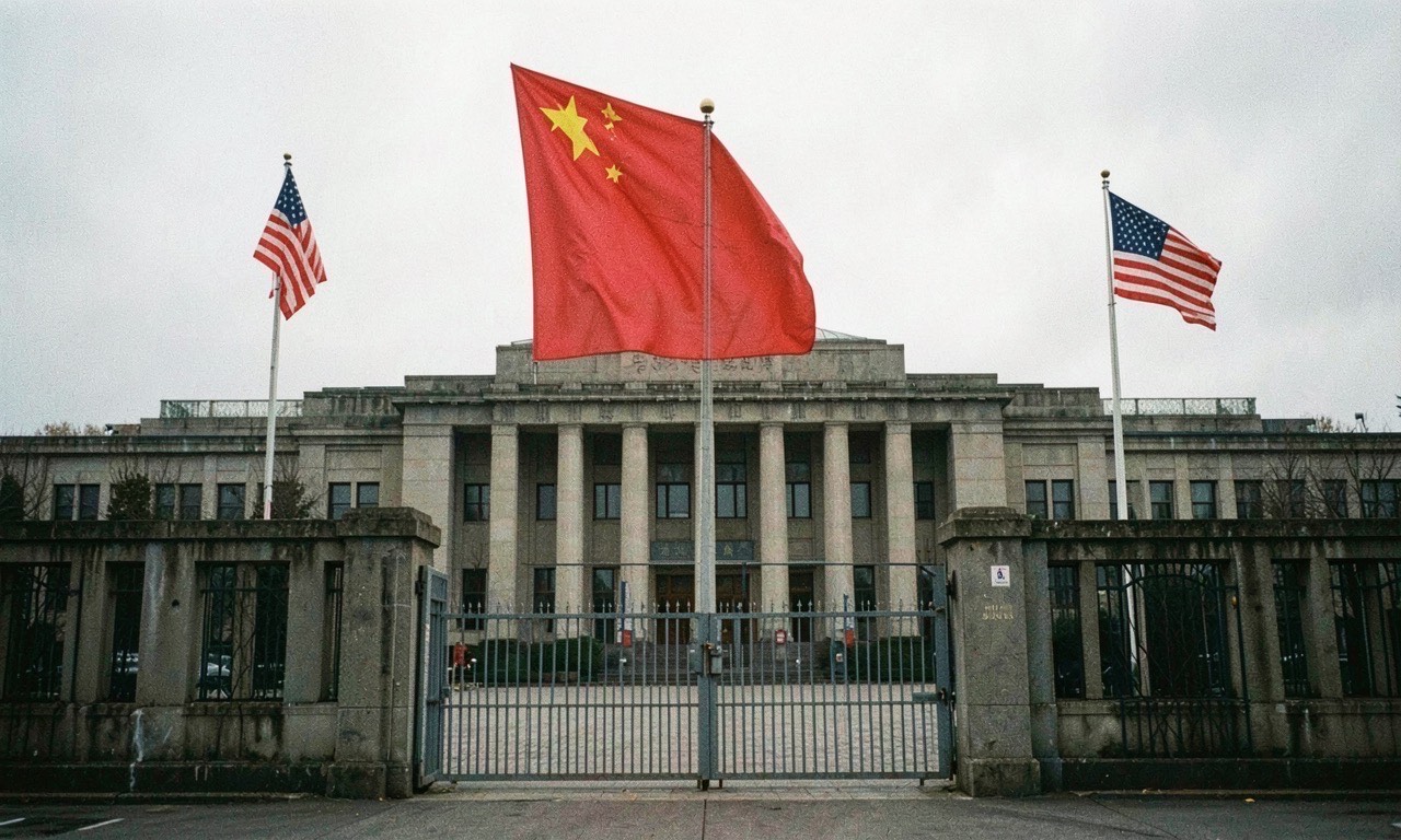 A government building with Chinese and American flags on opposite sides, tense diplomatic atmosphere, overcast sky, photojournalistic