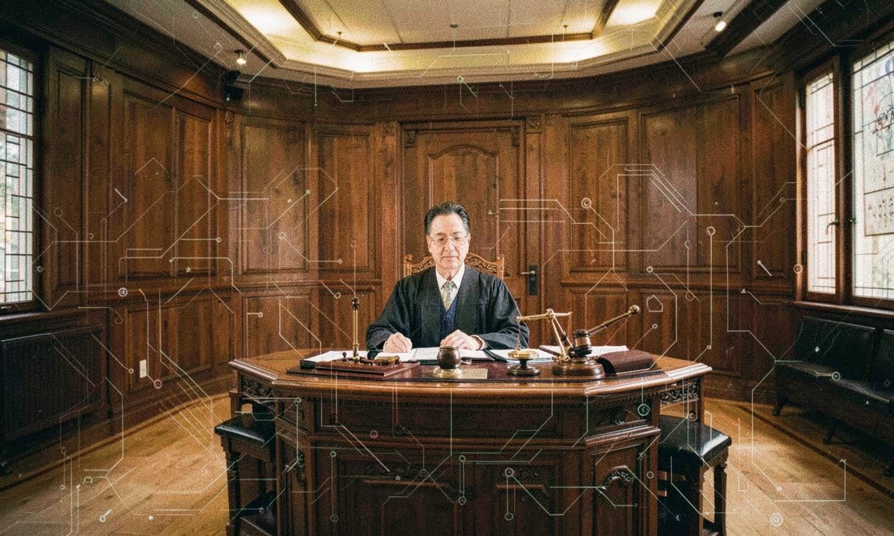Courtroom interior with gavel and digital overlay, judicial lighting