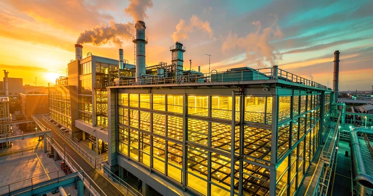 A towering semiconductor fabrication plant glowing at dawn with parallel memory chip wafers visible through bright windows.