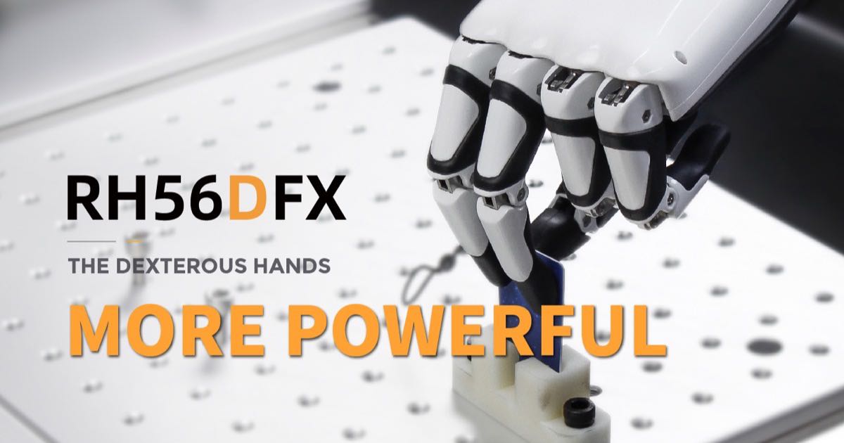 Close-up of a humanoid robot's dexterous five-finger hand performing a precision grip on a small object