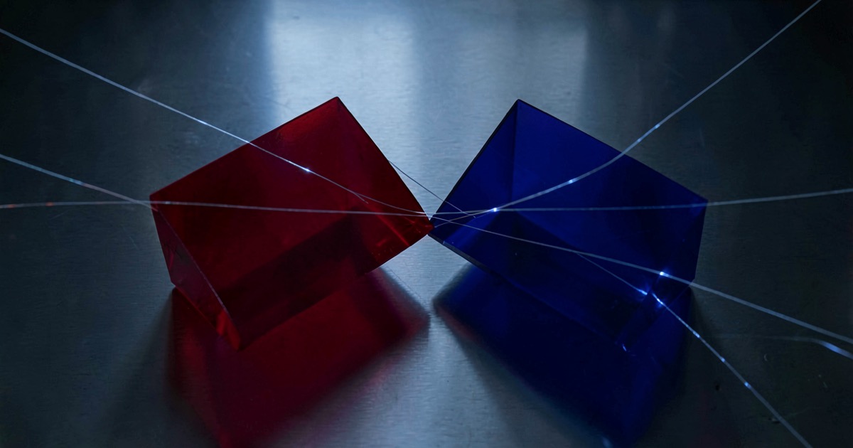 Abstract composition of two translucent geometric shapes — one deep red, one navy — pressing against each other across a dark steel surface, with thin fibre-optic strands crossing the gap between them.
