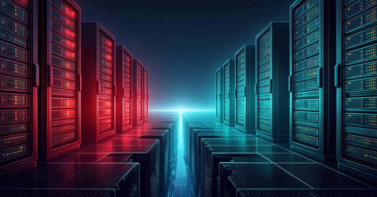 Two glowing server citadels facing each other across a dark digital divide, one lit in red and one in teal, no flags or text