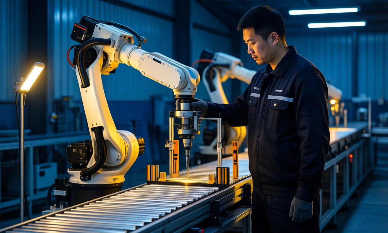 A human operator guiding a robotic arm on a modern factory line, warm light on machinery with deep blue shadows in the background