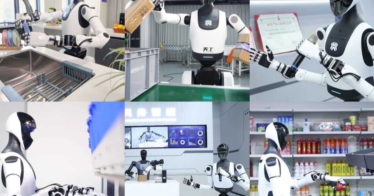 A humanoid robot standing beside a human worker in a Chinese factory setting, mirroring the worker's arm movement during a training demonstration