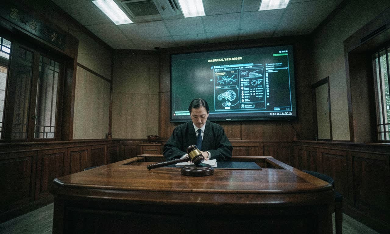 Chinese courtroom with gavel and digital AI interface on screen, dramatic overhead lighting, photojournalistic style