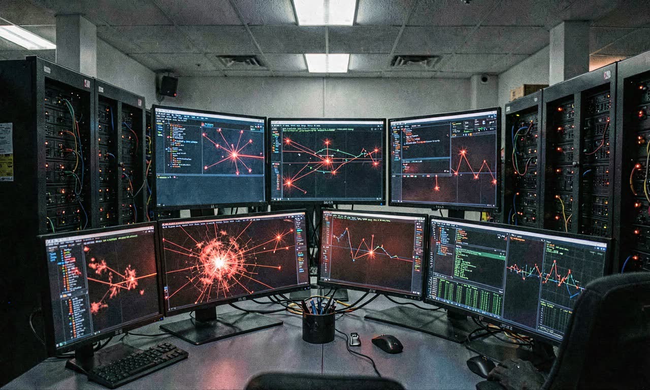 Network security dashboard showing cascading failure patterns, blue and red indicators, photojournalistic style