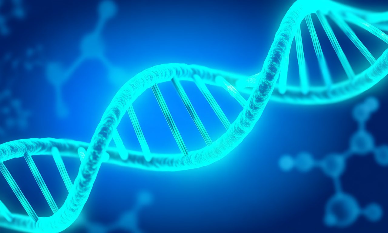 Abstract editorial illustration of a glowing double helix of viral DNA with a highlighted repeating sequence pattern, deep blue and teal laboratory palette, digital painting style, no text