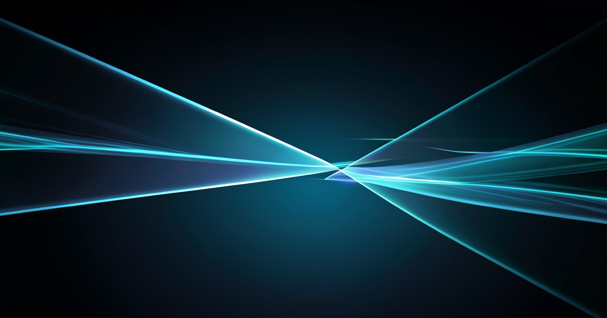 An abstract composition of translucent data streams flowing through two parallel narrow channels, one wide and one narrow, against a dark gradient background