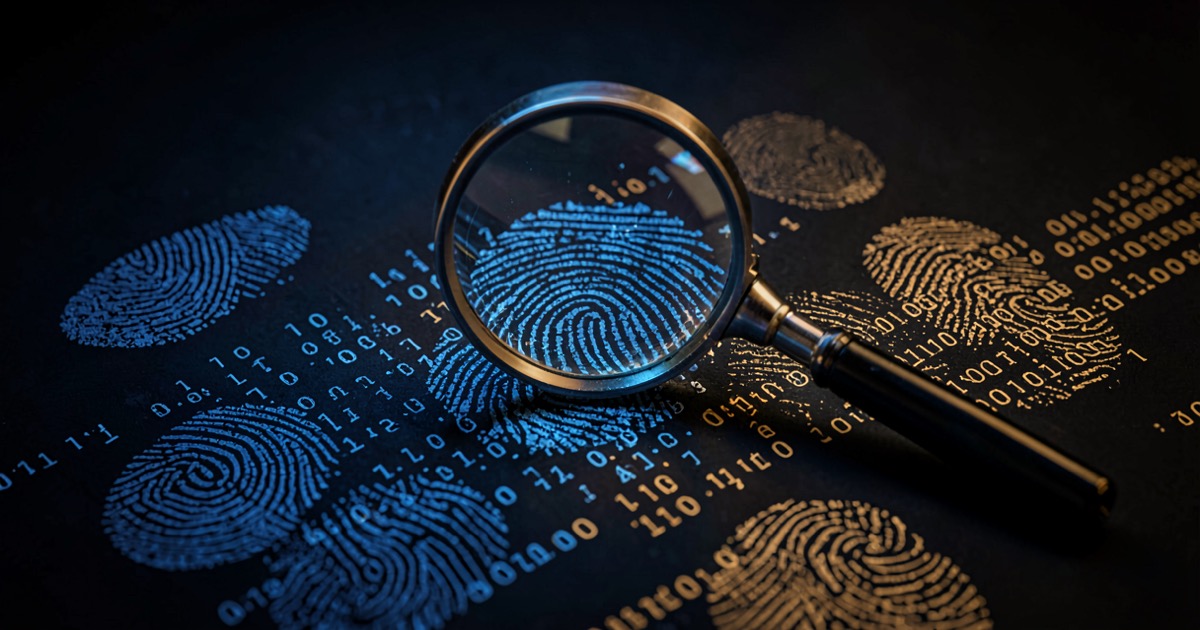 Abstract composition of binary code fragments morphing into fingerprint patterns under magnification, deep blue and amber tones