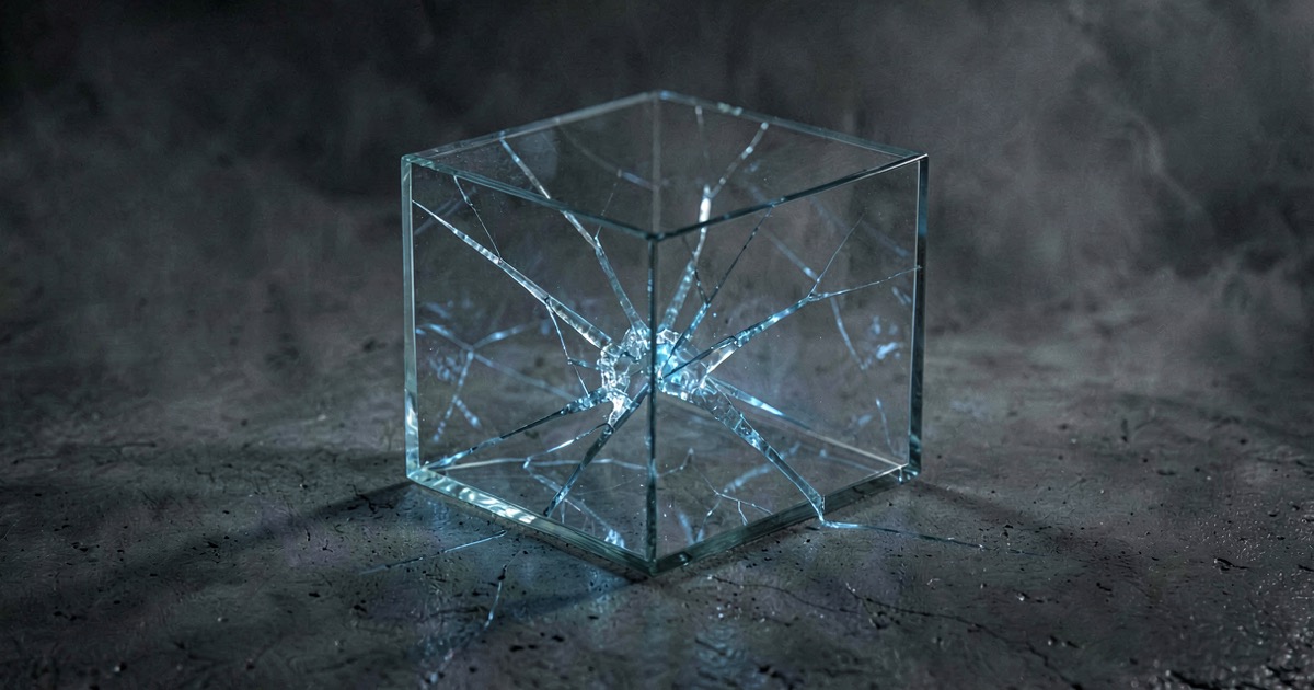 A translucent glass box on a dark concrete surface with faint blue light leaking through cracks, atmospheric fog