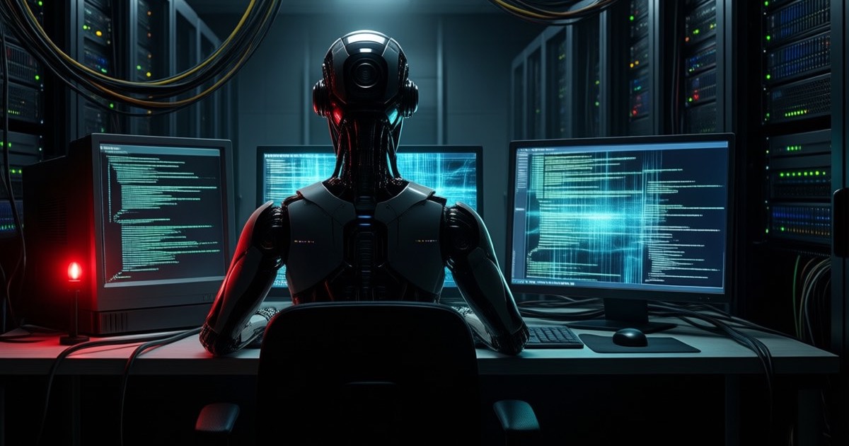 A dimly lit server room with glowing terminal screens and a single red status light