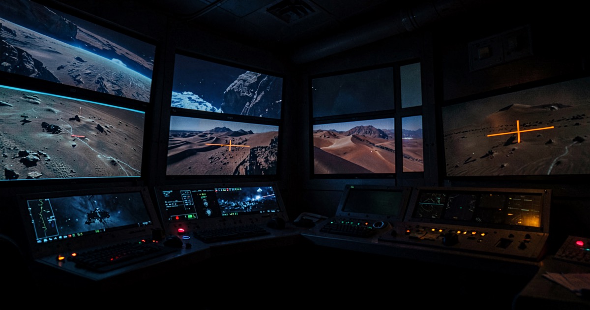 A dark control room with multiple glowing satellite imagery screens and a single bright crosshair symbol on one display