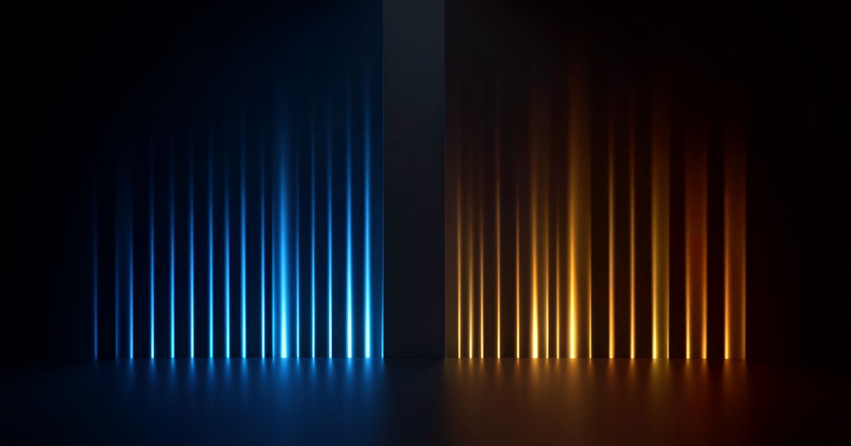 Abstract rising bar graph formed from light beams on dark gradient surface, bars shifting from cool blue to hot amber, no text