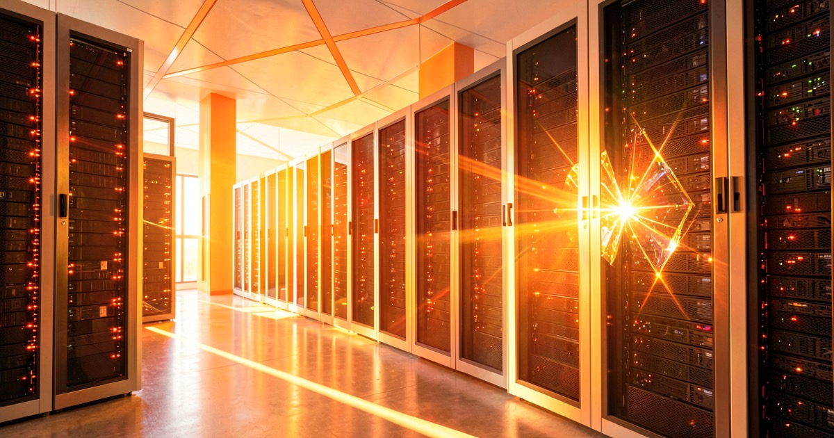 A bright sunlit modern data center with rows of glowing server racks and a crystalline lens of light focusing on a single rack, warm orange and gold tones